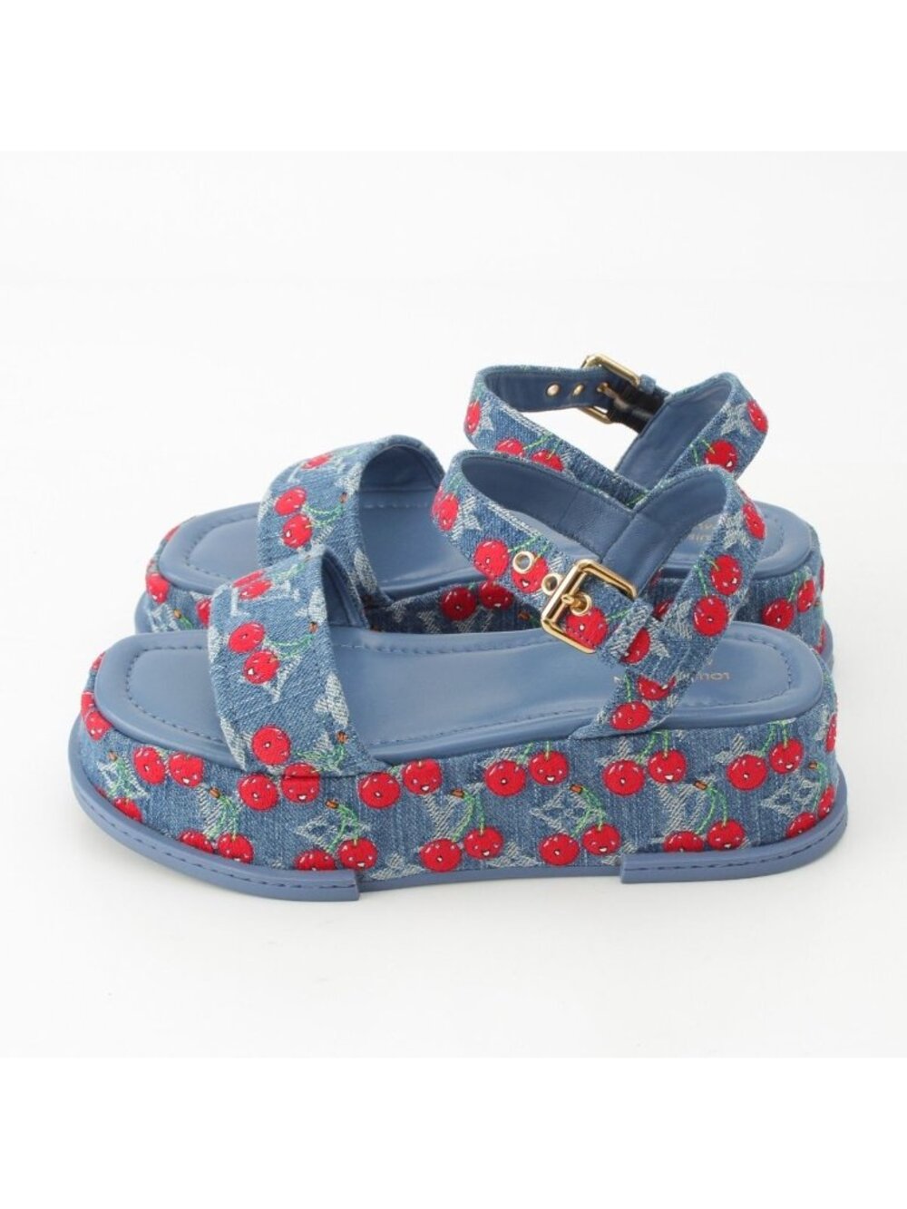 Louis Vuitton Denim Takashi Murakami Cherry Maya Platform Sandals Blue - Picture 3 of 10